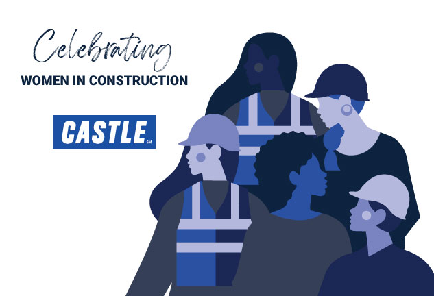 A gray and blue graphic of female construction workers.