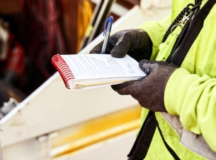 A construction worker makes notes on a spiral notepad.
