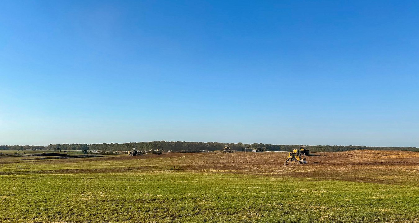 Open green field and blue sky rural landscape
