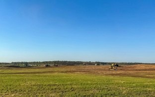 Open green field and blue sky rural landscape