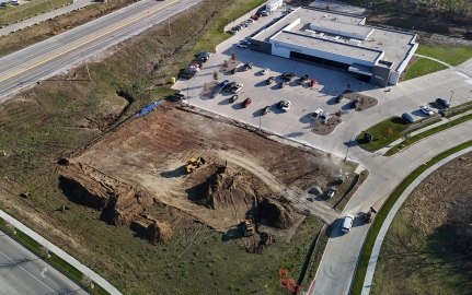 Arial drone shot of earthwork on construction site